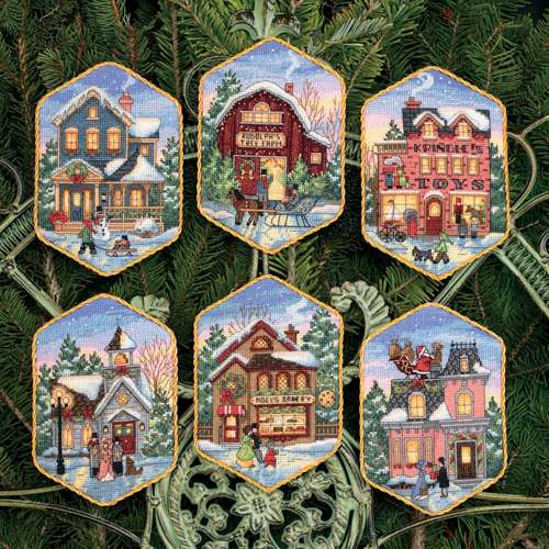 Kreuzstichpackung 8x13cm - Christmas Village Ornaments - 6-er Set