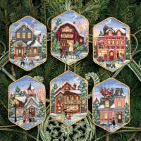 Kreuzstichpackung 8x13cm - Christmas Village Ornaments - 6-er Set